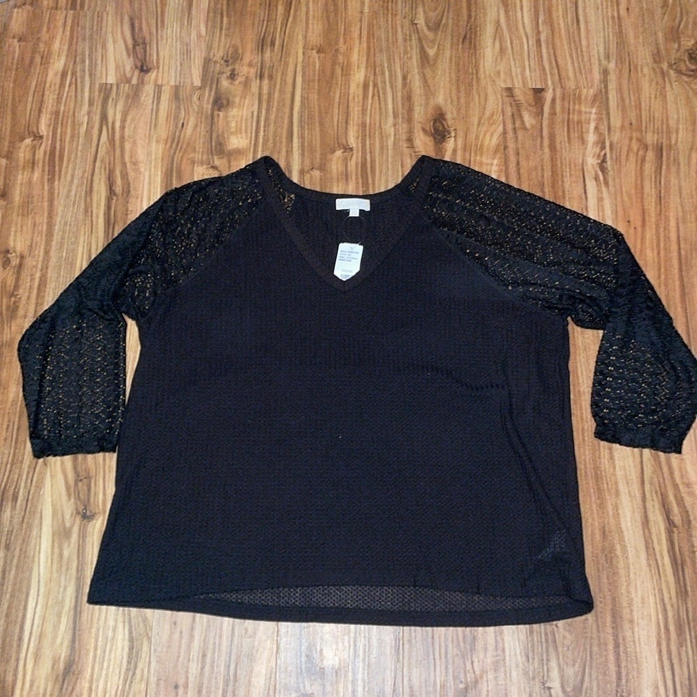 Weekend Suzanne Betro women’s shirt 3X top black waffle knit lace plus stretch
